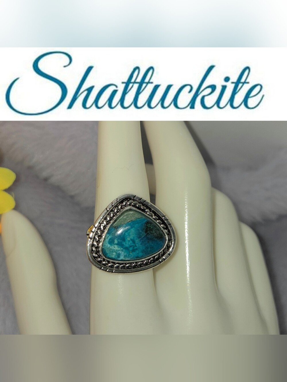 Memorizing Natural Shattuckite Gemstone Dainty Handmade Halo Ring - Picture 2 of 11